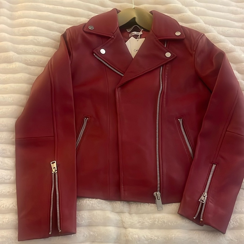 NWT Mango Genuine 100% Sheep Leather Burgundy Gorgeous Buttery Soft Moto Jacket